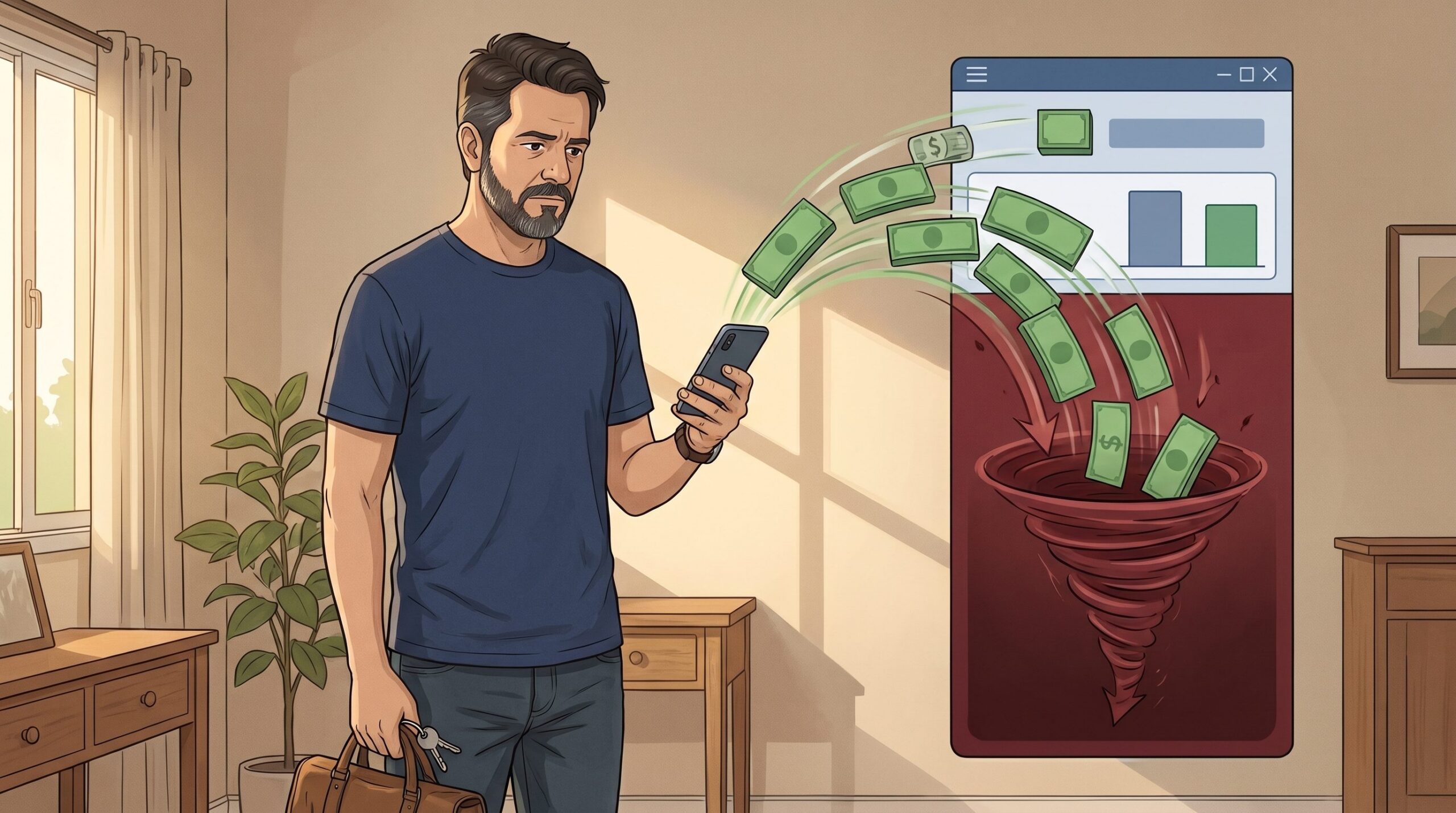 Homem vendo o salário ser consumido pela dívida do cheque especial