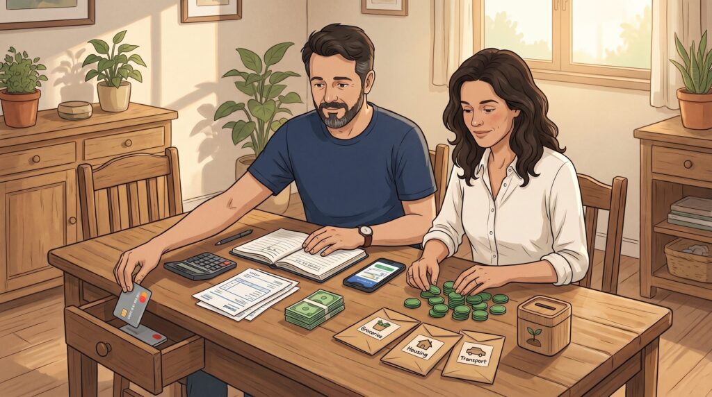 Casal organizando o orçamento para deixar de depender do cheque especial