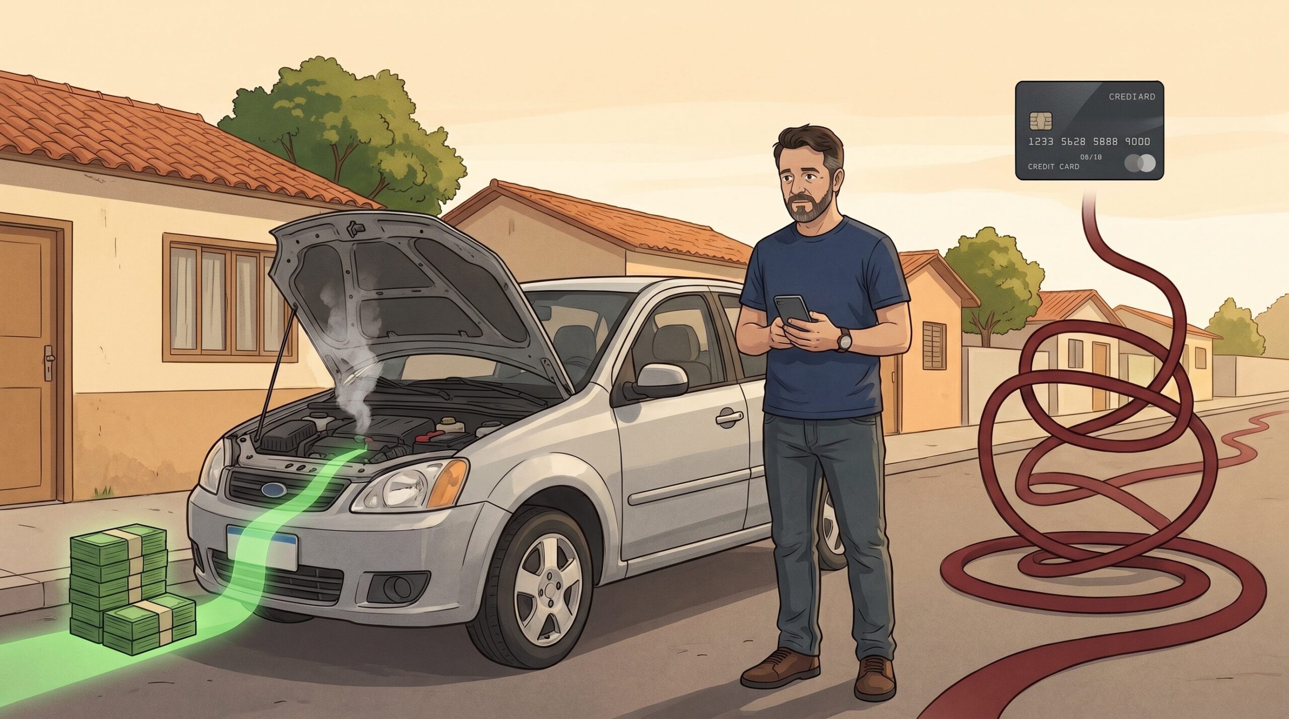Homem lidando com um imprevisto financeiro após o carro quebrar inesperadamente