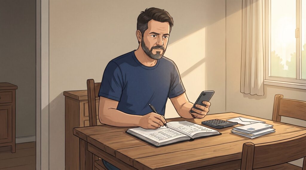 Homem organiza suas dívidas em um caderno para começar a limpar o nome.