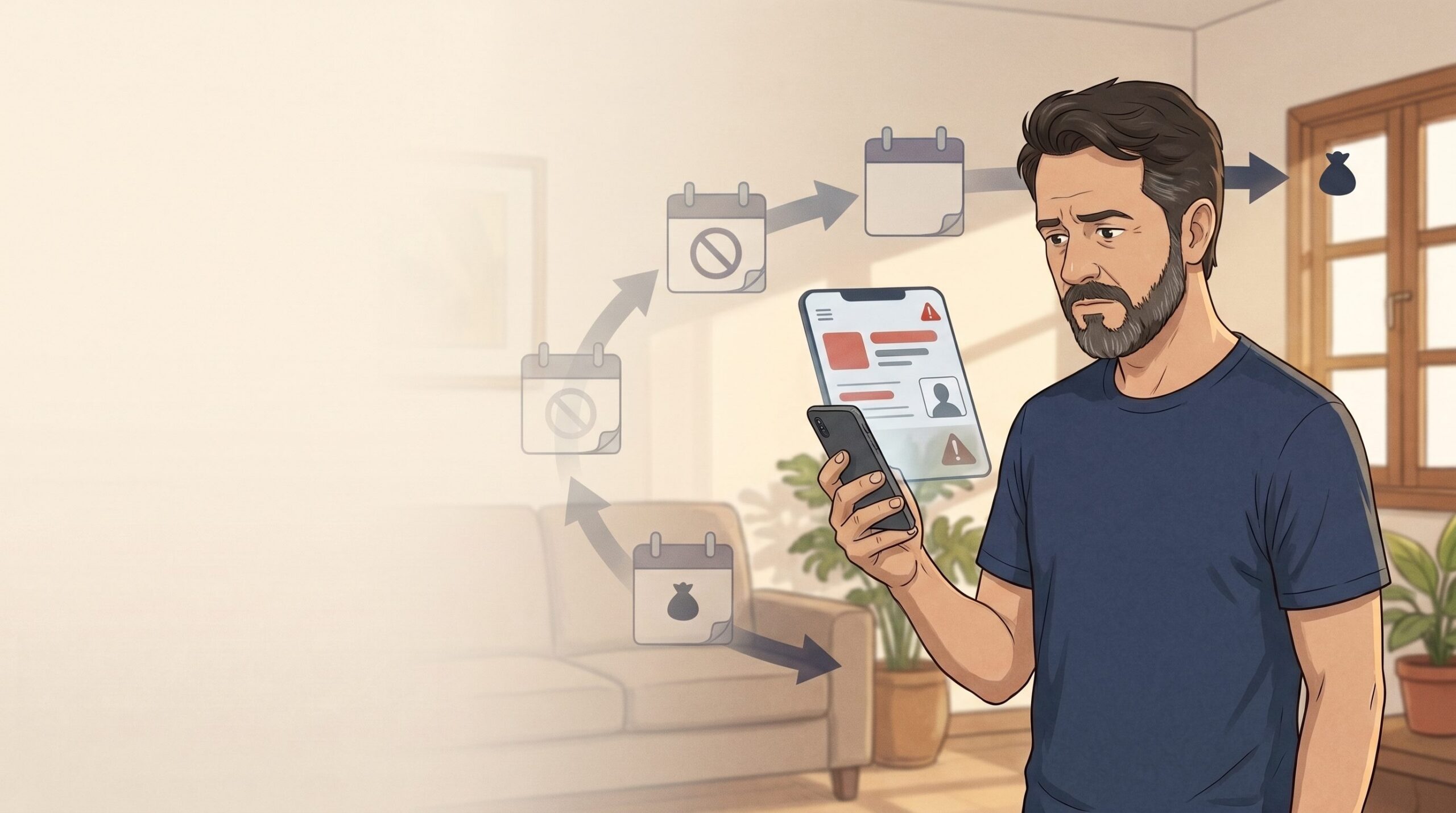 Homem consulta situação financeira no celular enquanto calendários representam a passagem do tempo e uma dívida pendente.