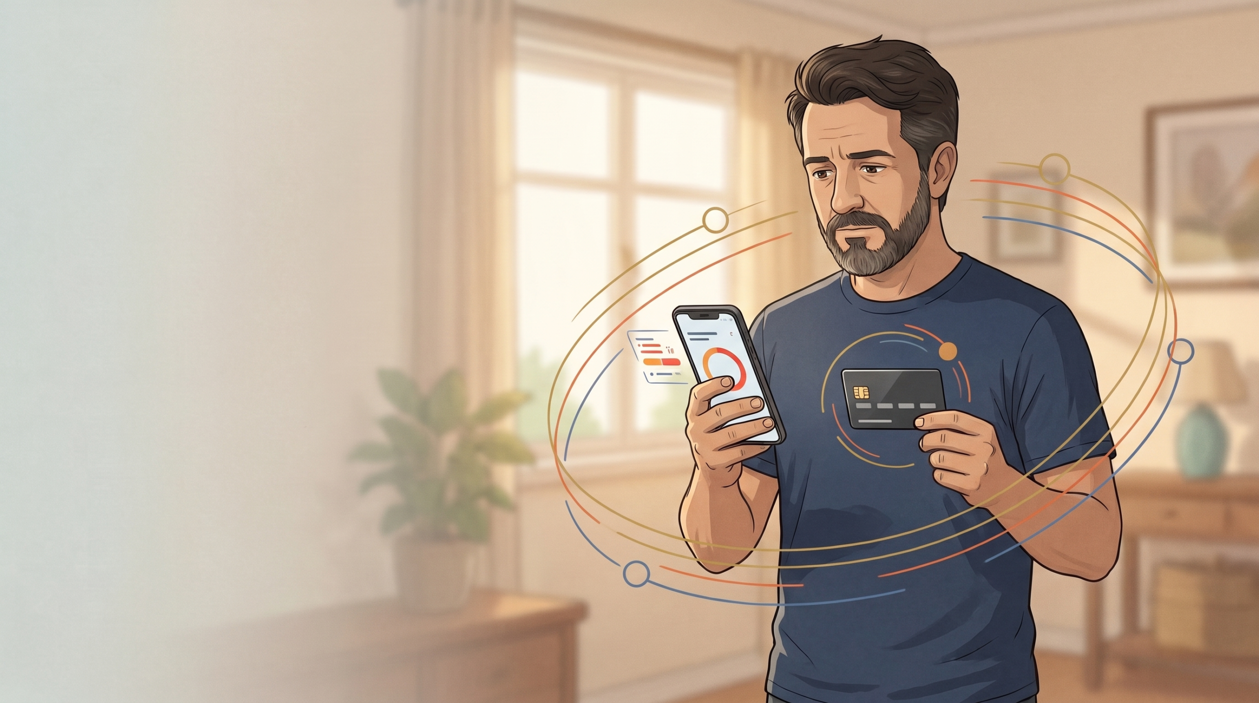 Homem analisando a fatura no celular e segurando um cartão de crédito.