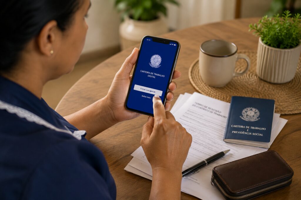 Empregada doméstica solicitando seguro-desemprego pelo celular