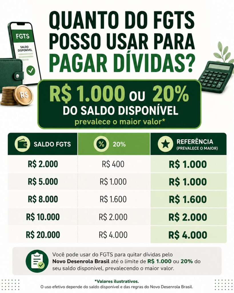 FGTS para Pagar Dívidas em 2026: Quem Tem Direito, Qual o Limite e Como Funciona 2 Infográfico explicando como usar o FGTS para pagar dívidas e reorganizar as finanças