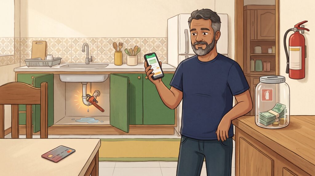 Homem usando a reserva de emergência para resolver um problema inesperado em casa