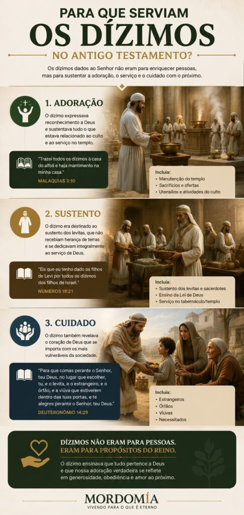 Infográfico explicando para que serviam os dízimos no Antigo Testamento: adoração, sustento dos levitas e cuidado com necessitados