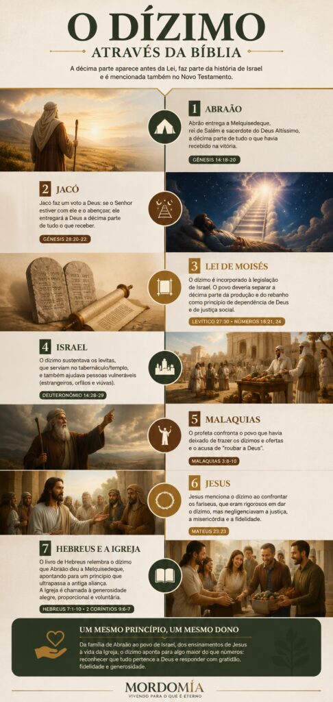 Infográfico mostrando o dízimo na Bíblia, de Abraão e Jacó ao Antigo e Novo Testamento