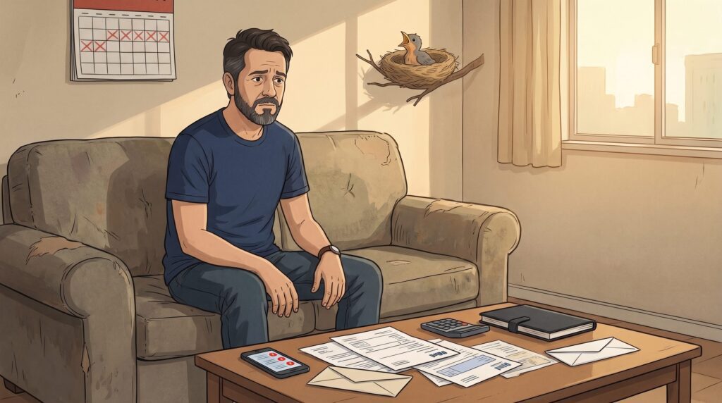 Homem preocupado espera enquanto contas e dívidas permanecem sem solução.