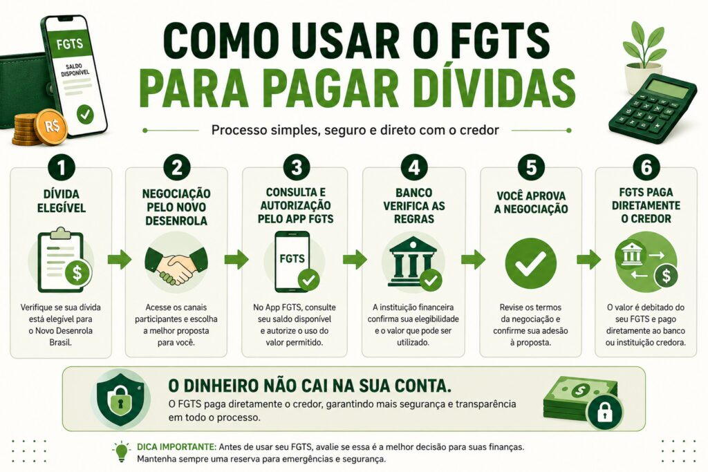 FGTS para Pagar Dívidas em 2026: Quem Tem Direito, Qual o Limite e Como Funciona 3 Infográfico sobre quando usar o FGTS para pagar dívidas ou preservar o dinheiro