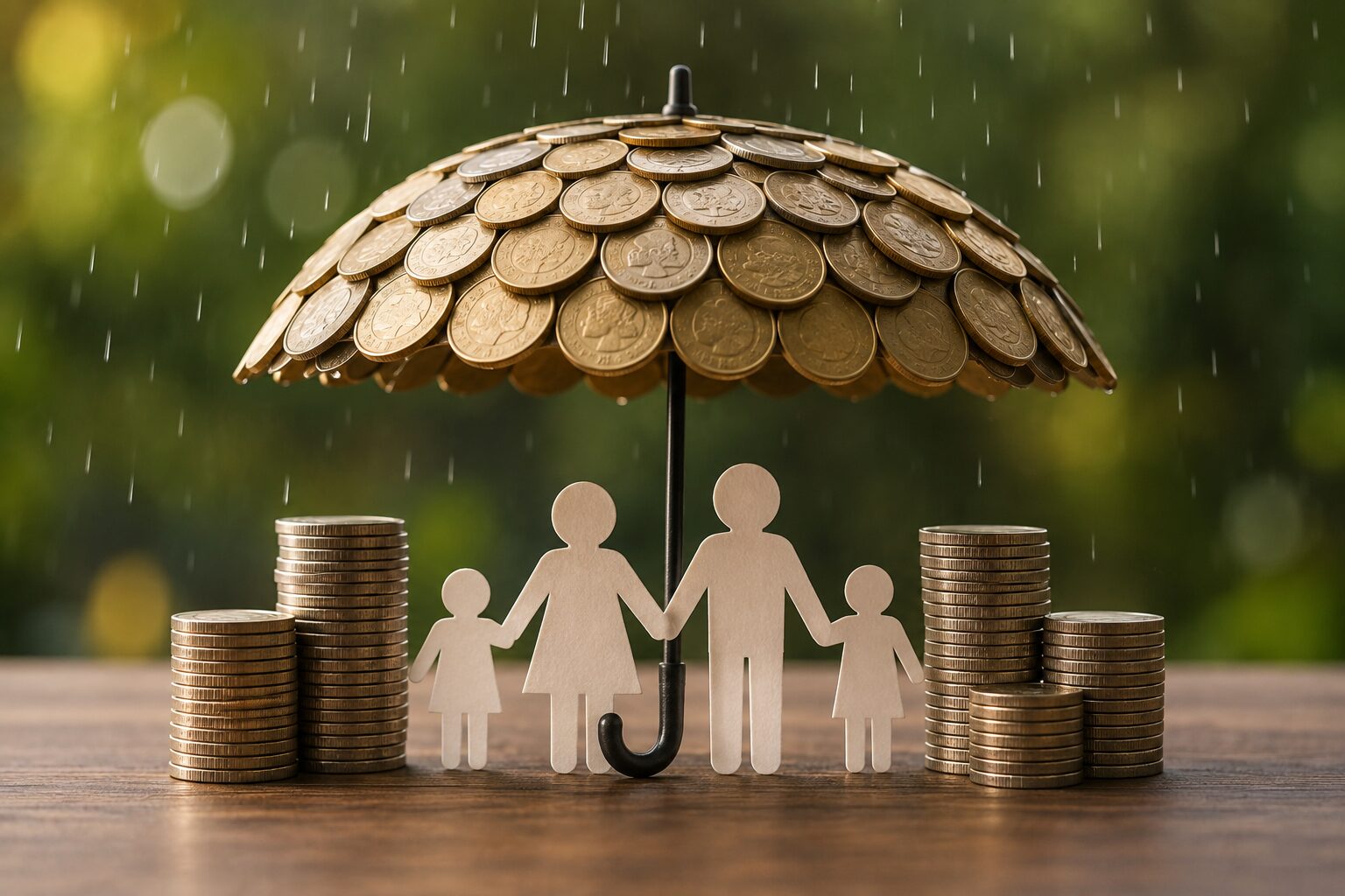 Guarda-chuva de moedas protegendo uma família, representando o uso do FGTS para pagar dívidas