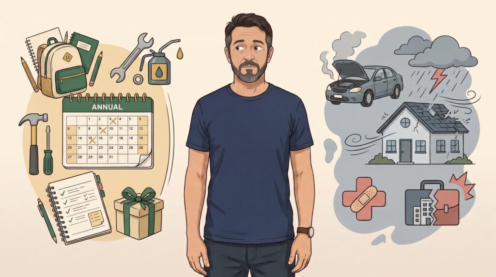 Homem comparando despesas previsíveis com situações de emergência financeira