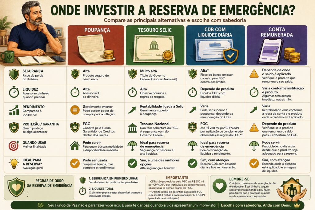 Infográfico comparando poupança, Tesouro Selic, CDB com liquidez diária e conta remunerada para reserva de emergência