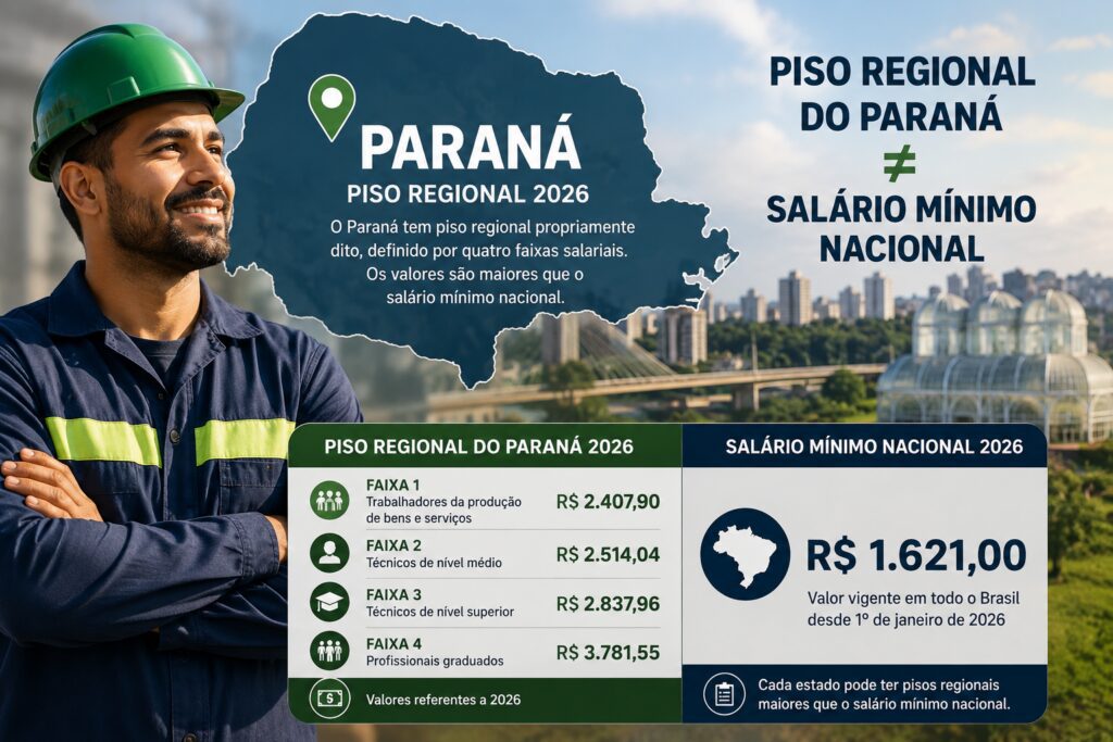 Salário mínimo 2027: valor pode chegar a R$ 1.741; veja o que muda no seu bolso 3 Piso regional do Paraná em 2026 comparado ao salário mínimo nacional