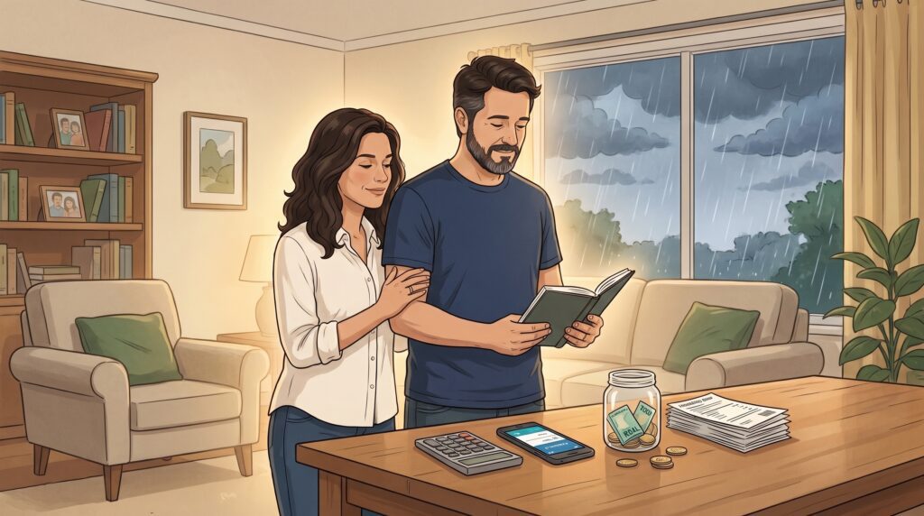 Reserva de Emergência: Como Calcular e Montar Seu Fundo de Paz 4 Casal tranquilo em casa após organizar as finanças e construir uma reserva para emergências