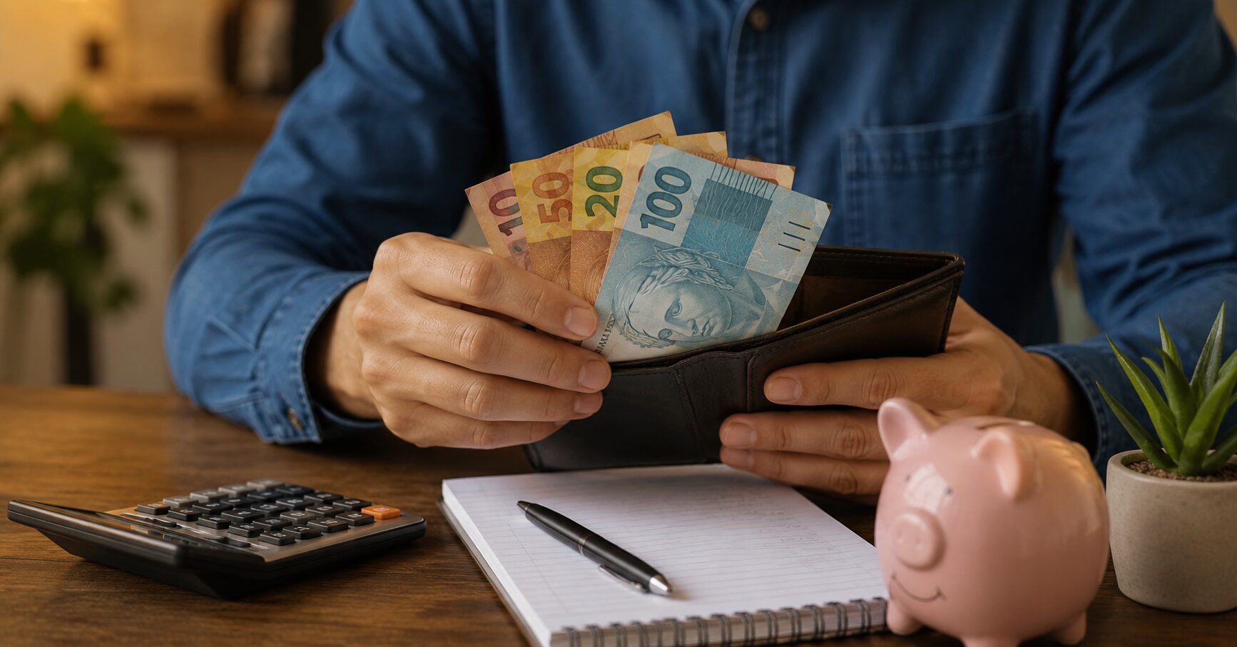 Pessoa contando dinheiro em uma carteira ao lado de calculadora e caderno de orçamento