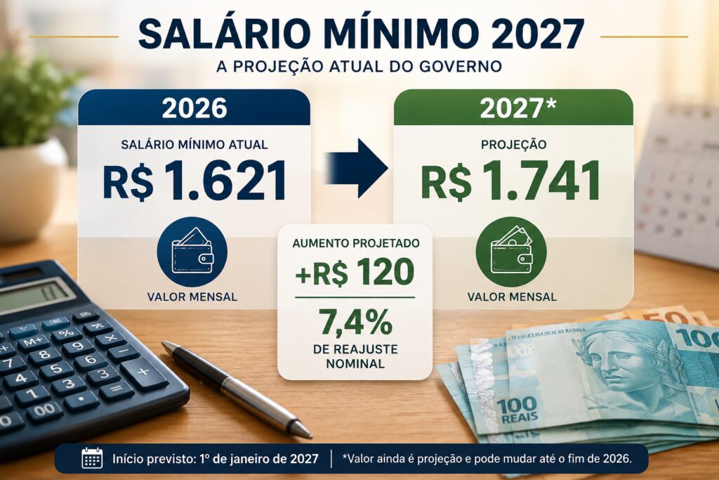 Salário mínimo 2027: valor pode chegar a R$ 1.741; veja o que muda no seu bolso 2 Comparação do salário mínimo de 2026 de R$ 1.621 com a projeção de R$ 1.741 para 2027