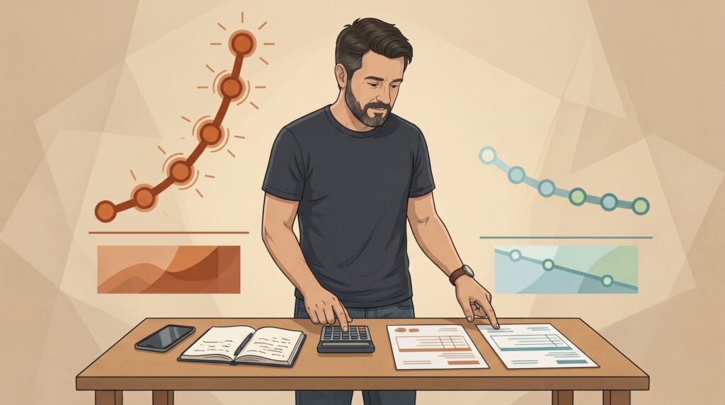 Como Negociar Dívidas de Cartão de Crédito e Vencer os Juros (Guia Atualizado) 3 Homem comparando opções financeiras para substituir uma dívida cara por outra com menor custo.